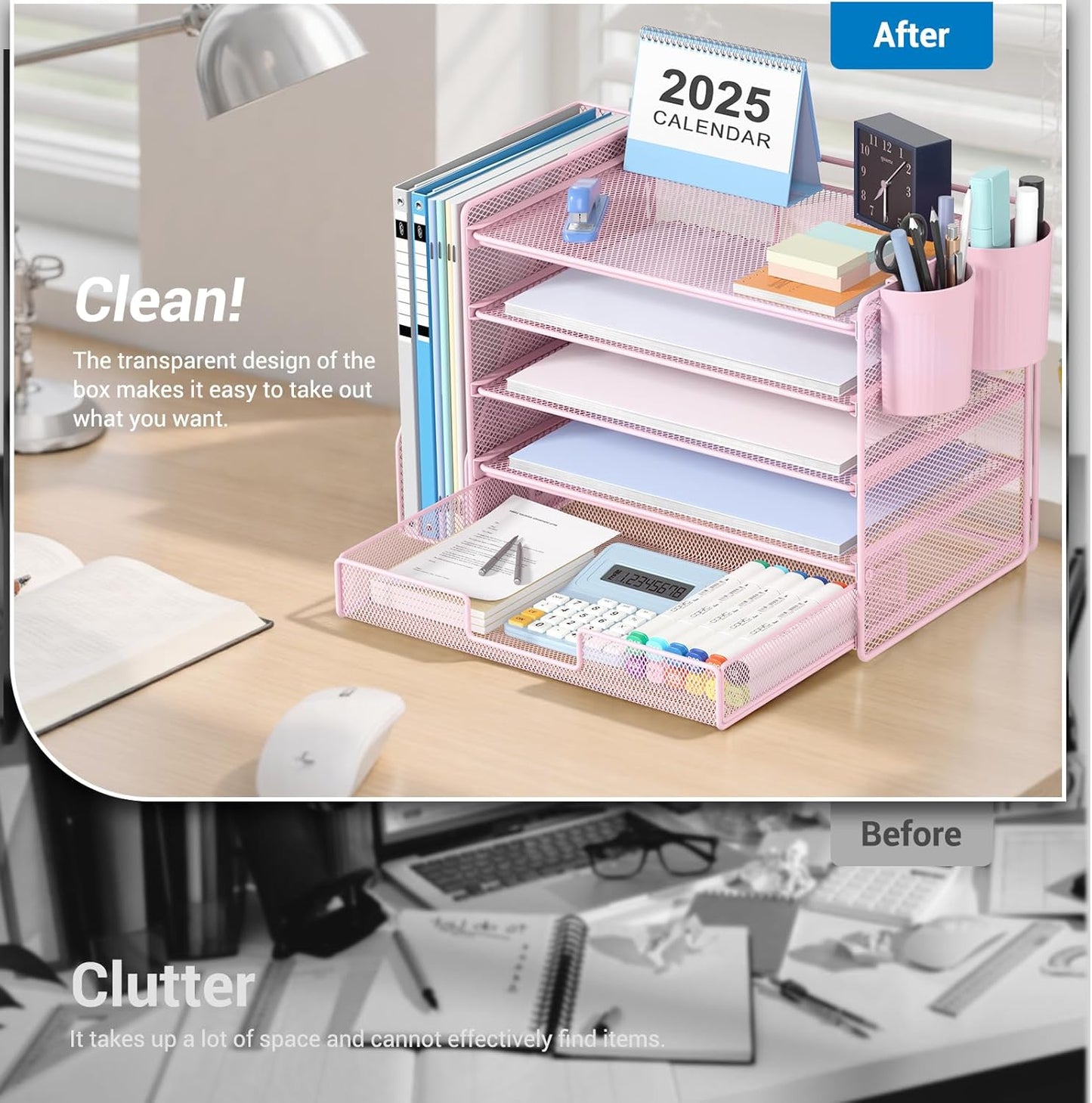 Desk Organizers and Accessories with File Holder, 5-Tier Office Desk Accessories & Workspace Desktop Organizer with Drawer and 2 Pen Holder, File Paper Organizer for Office Supplies(Pink)
