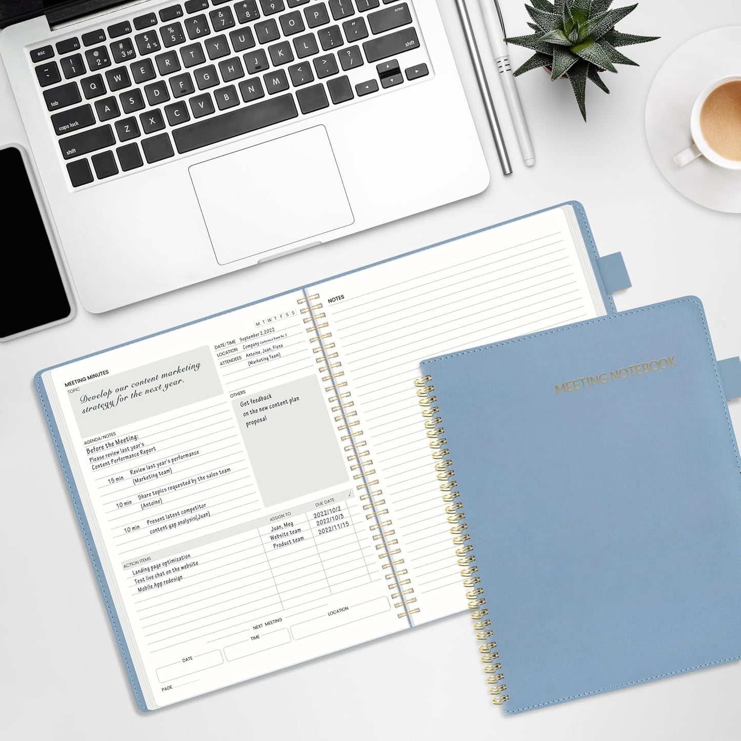 SUNEE Half Meeting Half Note - 8.5"x11" Professional Notebooks for Work - 160 Pages, A4 Size Project Planner, Spiral Meeting Agenda Organizer for Women Men, Note Taking,Office with Vegan Leather Cover