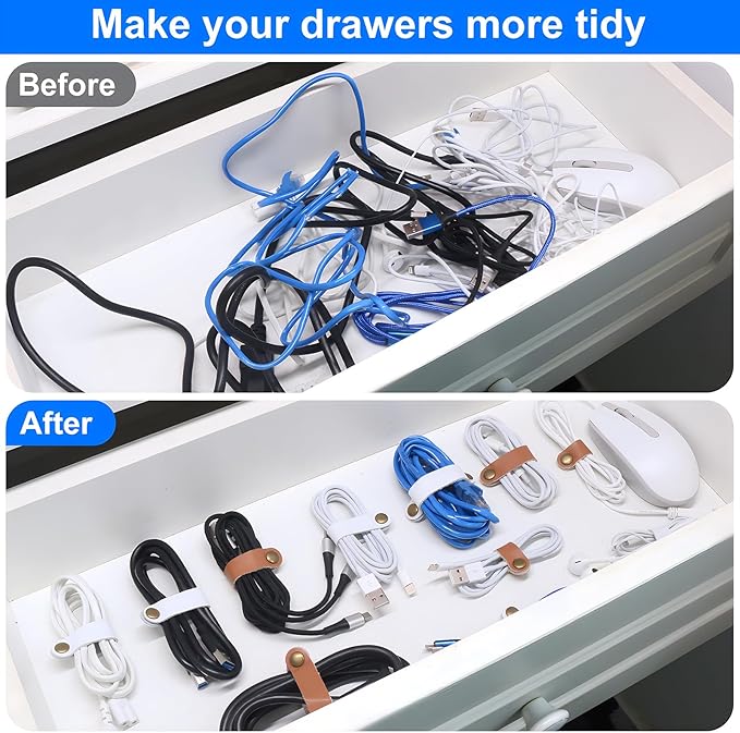 Leather Cable Straps Cord Organizer - Coideal 20 Pcs Earphone Cables Ties Reusable USB Cord Keeper with Snap Cord Clips Holder for Phone (Small + Large, White)