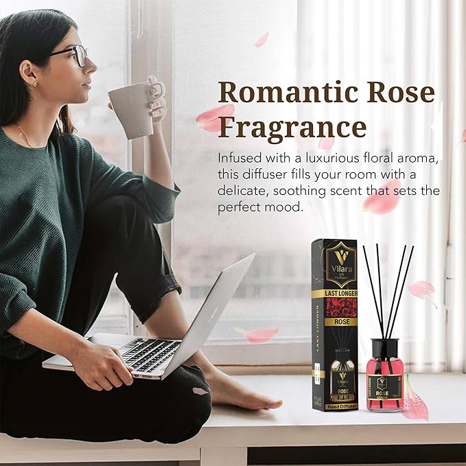 Reed Diffuser Set with Sticks for Home – Bathroom, Bedroom & Office Aromatherapy – Long Lasting Scented Oil Diffuser with Sticks – Luxury Room Fragrance Diffuser 55ml,1.7 fl oz (Rose)