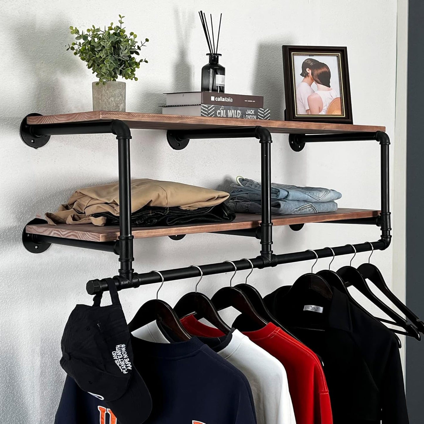 Industrial Pipe Clothing Rack with Top Shelf, Space-Saving Wall Mounted Clothes Rack 2 Tiers, Shelf with Hanging Rod for Closet Storage, Laundry Room. (2Tier, Brown)