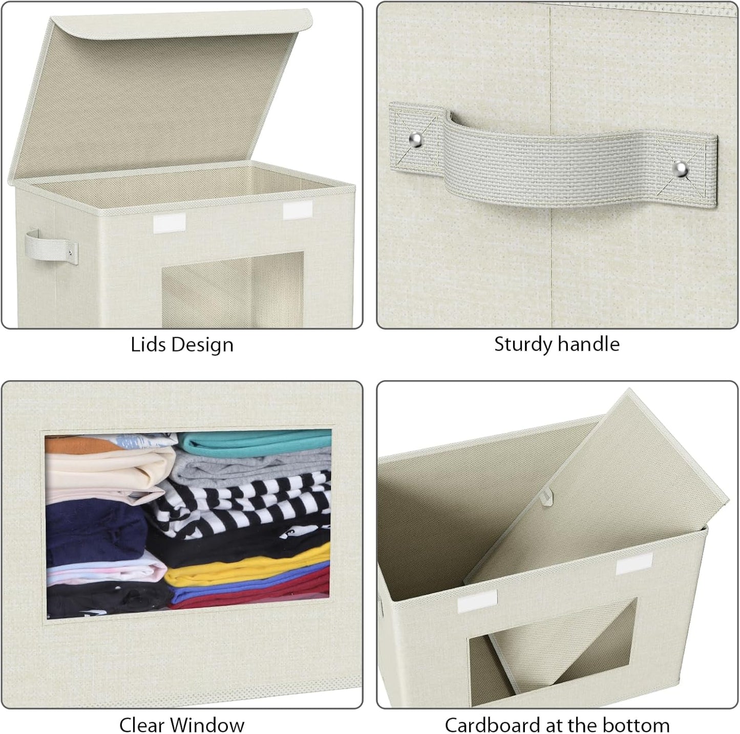 Univivi Fabric Foldable Storage Boxes with Lids [4-Pack] Collapsible Storage Bins for Clothes Closet Organizers with Handles Storage Cube Basket for Home, Office, Bedroom (Beige, 17"" x 12"" x 12"")