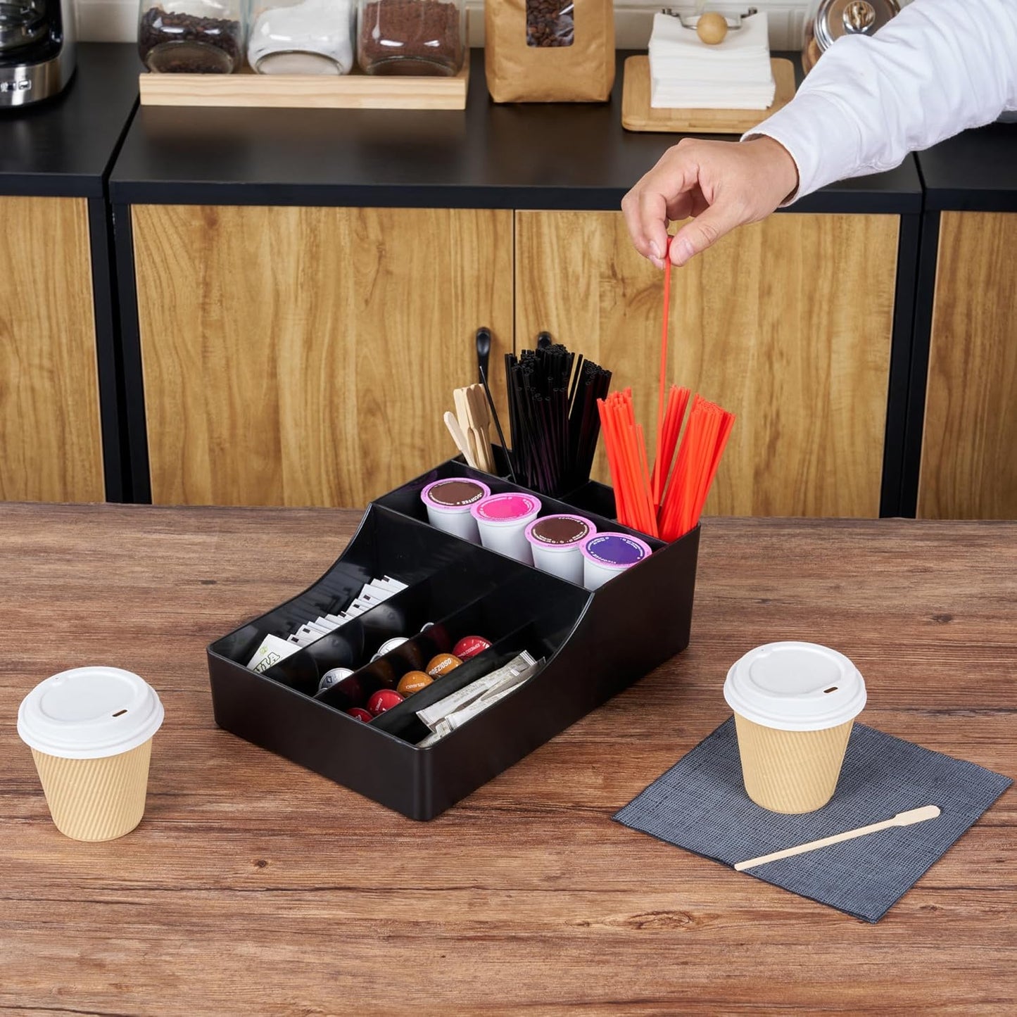 Restaurantware Restpresso Coffee Bar Organizer, 1 Count Durable 9 Compartments, Compact Size, Black Plastic Tabletop Coffee Supplies Organizer For Homes, Office Spaces, Breakrooms, and Lounges