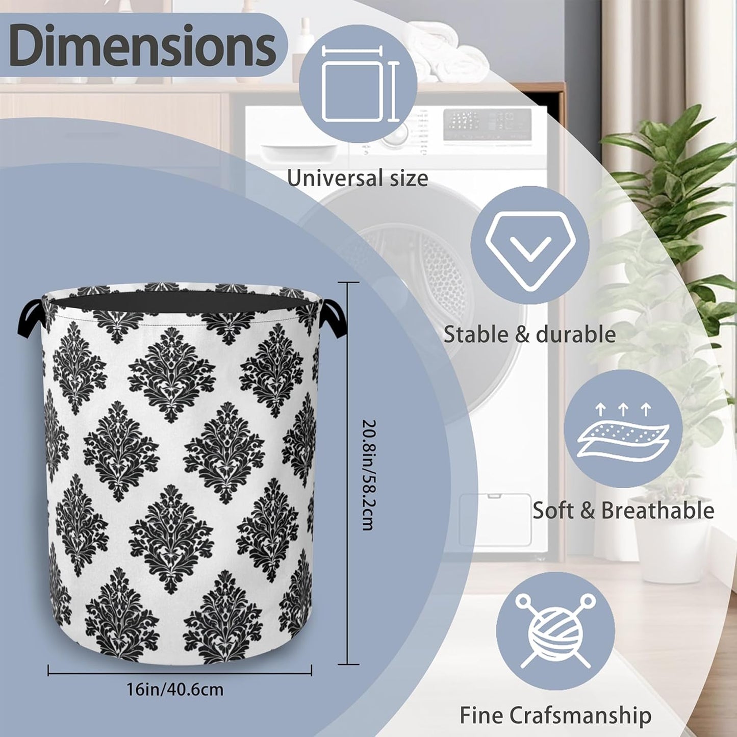 Vintage Damask Floral Laundry Basket,Oxford Cloth Laundry Hamper with Handle Foldable Portable Clothes Storage Basket for Bathroom Bedroom Dorm Room 16" x 20.8"