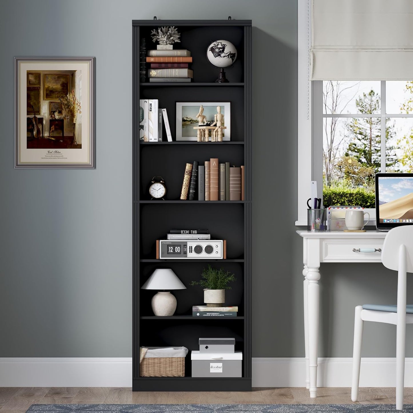 75" Tall Bookshelf, 6-Tier Floor Standing Bookcase with Adjustable Shelves, 24" Wide Open Storage Shelf, Modern Display Organizer for Home Office, Living Room, Bedroom, Study