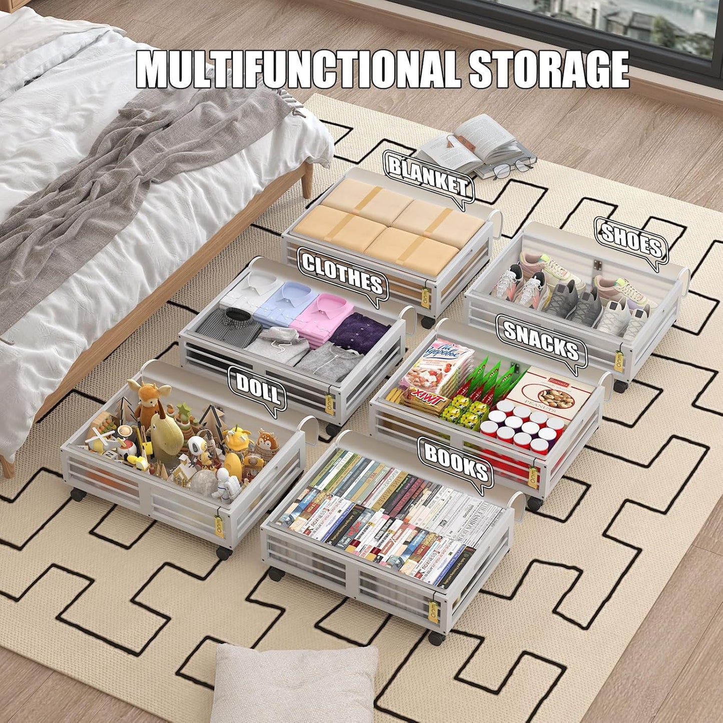 Under Bed Storage Containers with Wheels, Larger Bamboo Wood Under Furniture Storage Containers with Dust Bags，Rolling for Shoes Clothes