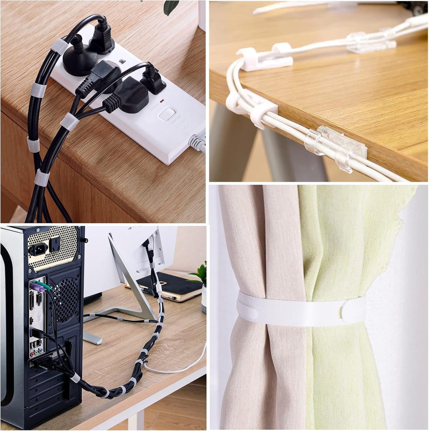 White Cable Management Organizer Kit 4 Cable Sleeve Split,47Cable Clips 12Cord Clips Holder,22 Cable Ties, 20 Adhesive Wall Cable Tie, 200Fasten Cable Ties for TV Electronics