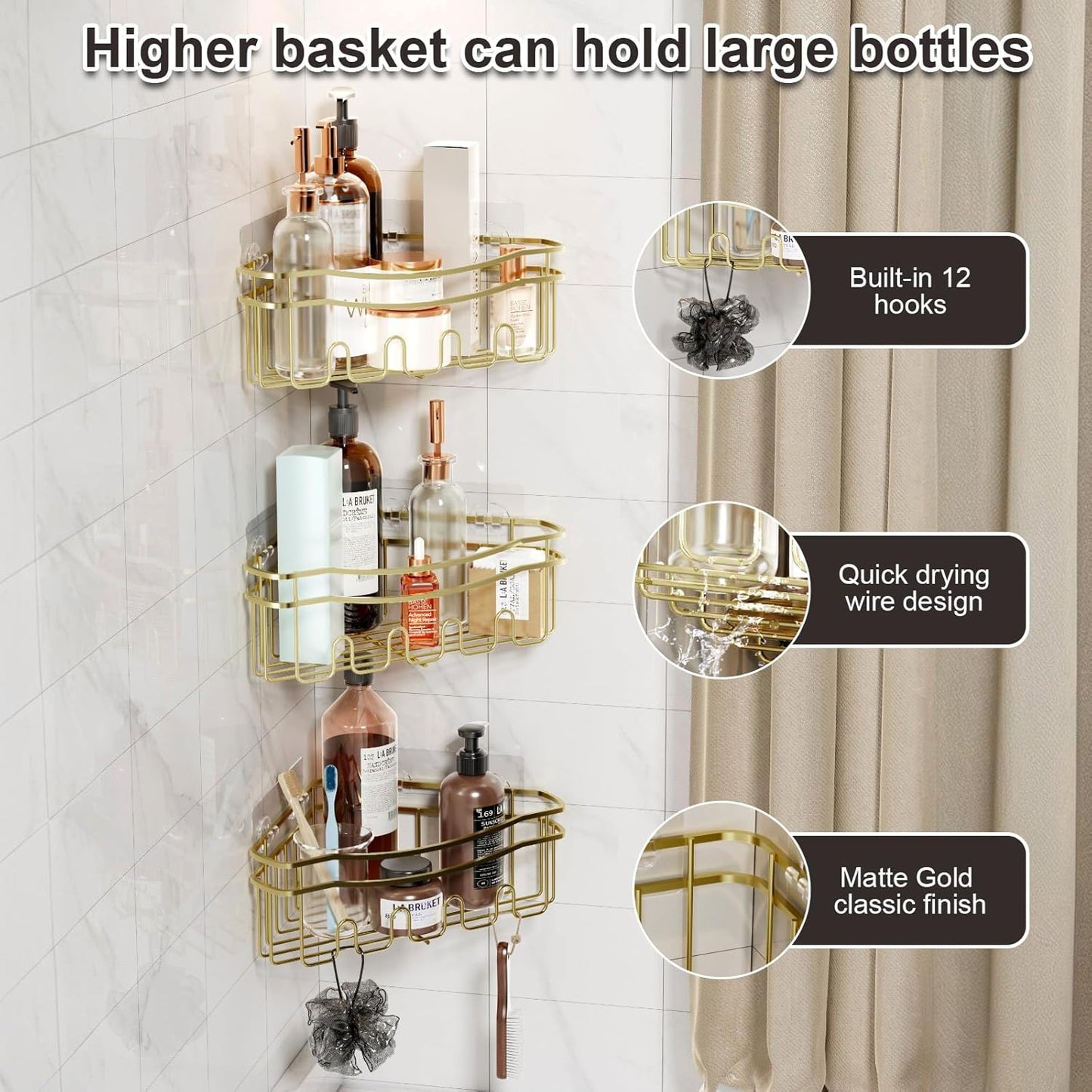 Gold corner shower caddies with depth caddy and Built in 12 hooks rustproof wall mounted No drilling No marring adhesive bathtub corner organizer for bathroom kitchen and laudry room