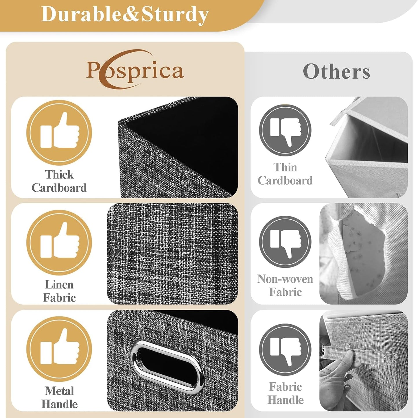 Posprica Closet Storage Bins, 4 Pack Closet Shelf Organizers, Linen Fabric Decorative Storage Baskets for Organizing, Foldable Storage Box for Clothes, Toy, 15x10.5x8.25 Inch (Black)