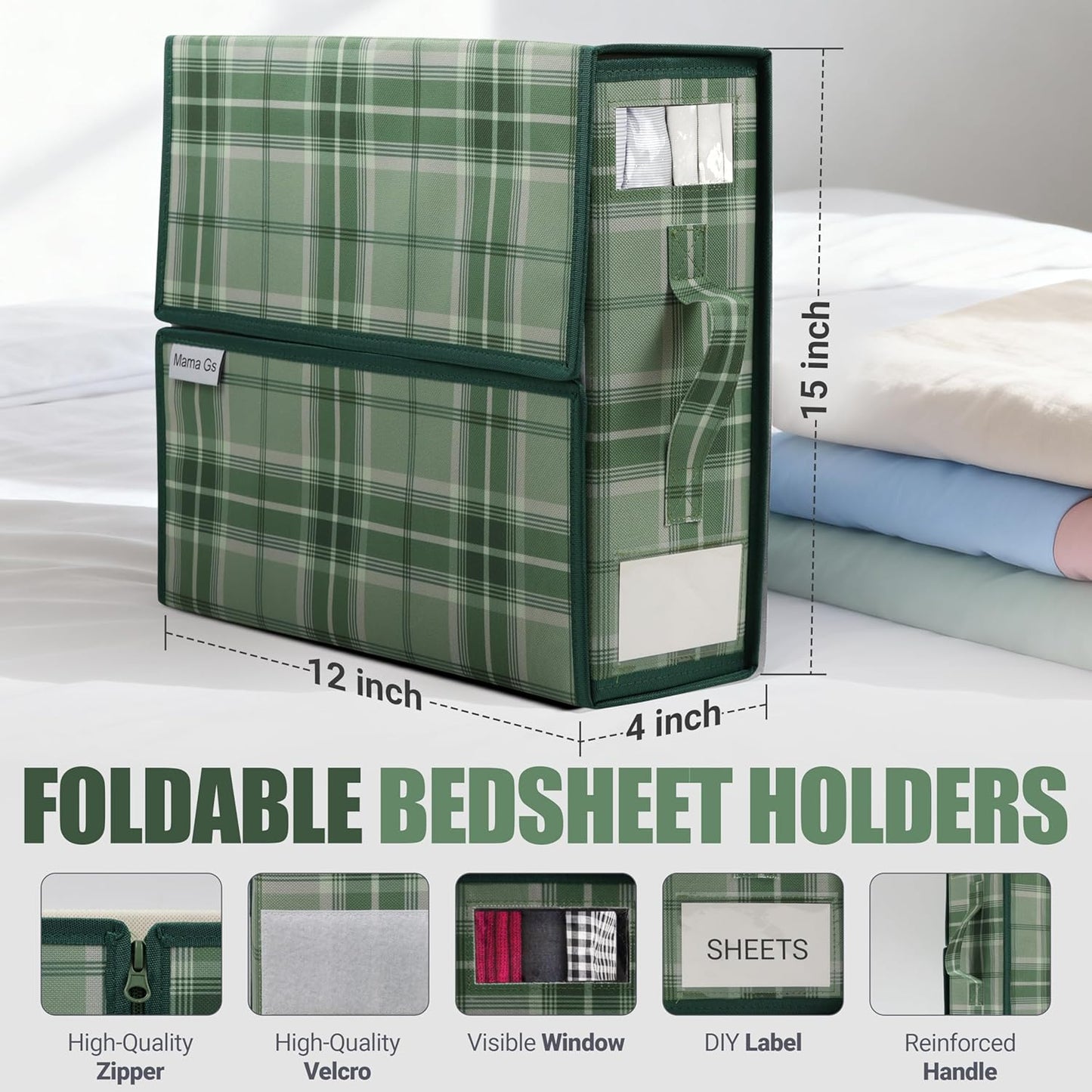 Bed Sheet Organizer Set of 4 – Plaid Sheet Storage 15"x12"x4" – Foldable Bedsheet Holders with Zipper, Window – Closet Organizer for Bedding Storage, Pillows, Duvets, Linen – Green