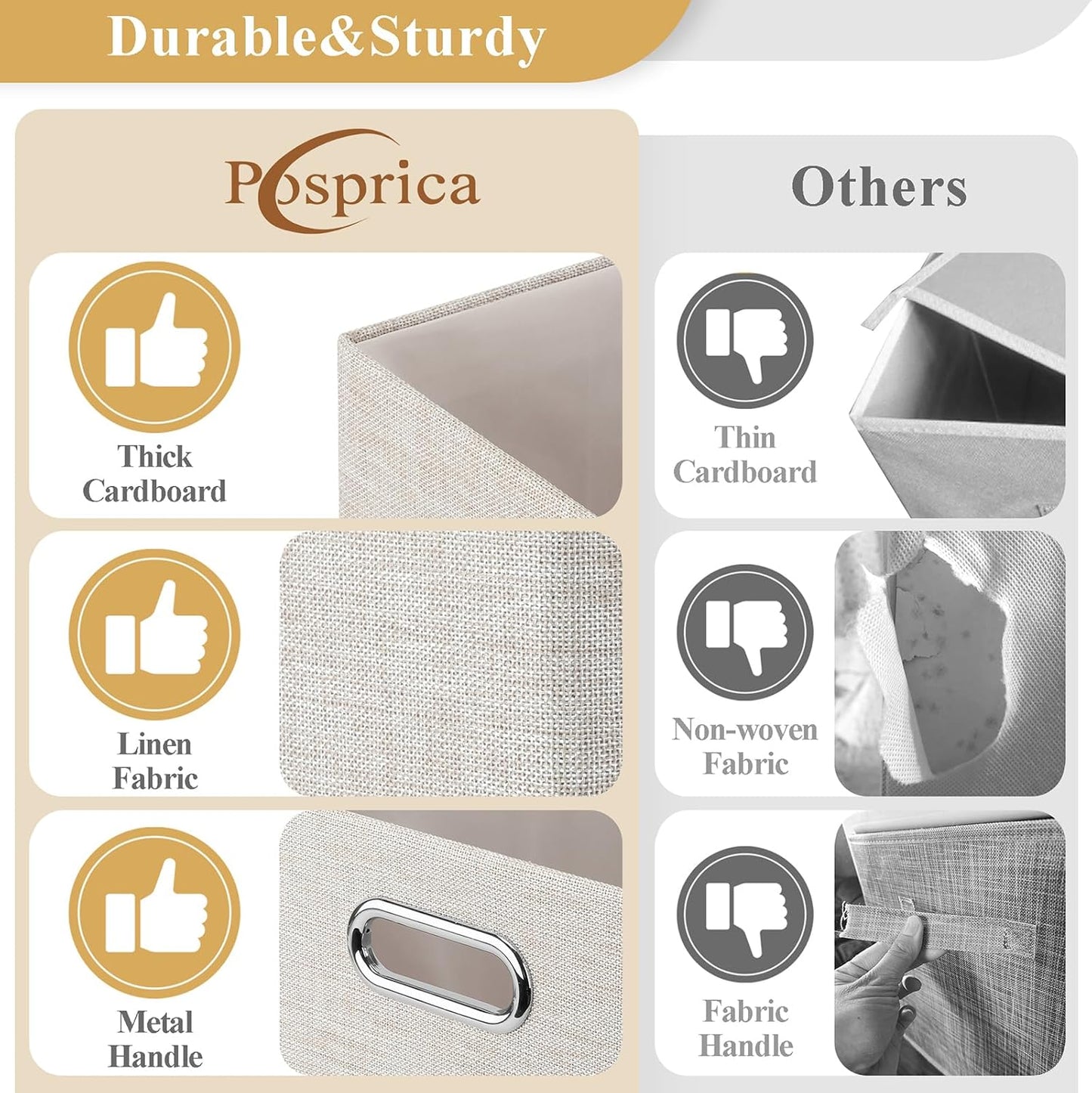 Posprica Closet Storage Bins, 4 Pack Large Closet Shelf Organizers, Linen Fabric Decorative Storage Baskets for Organizing, Foldable Storage Box for Clothes, Toy, 16.5x12x10.25 Inch (Beige)