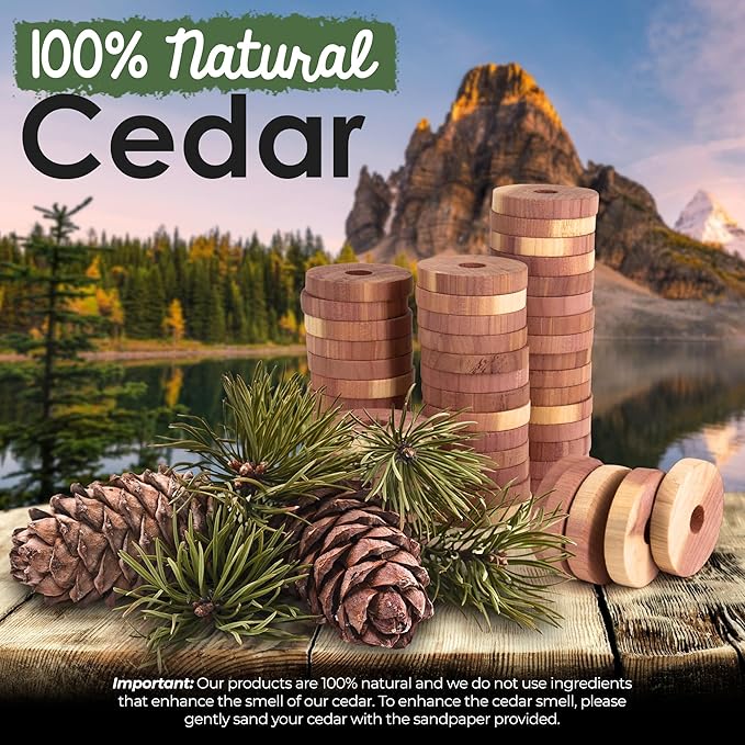 ecoKiwi Cedar Blocks for Clothes Storage - 55 Pack Cedar Rings - 100% Natural Aromatic Cedar for Closets & Drawers - Red Cedarwood Oil Scented Chips with Sandpaper - Cedar Planks Freshener Deodorizer