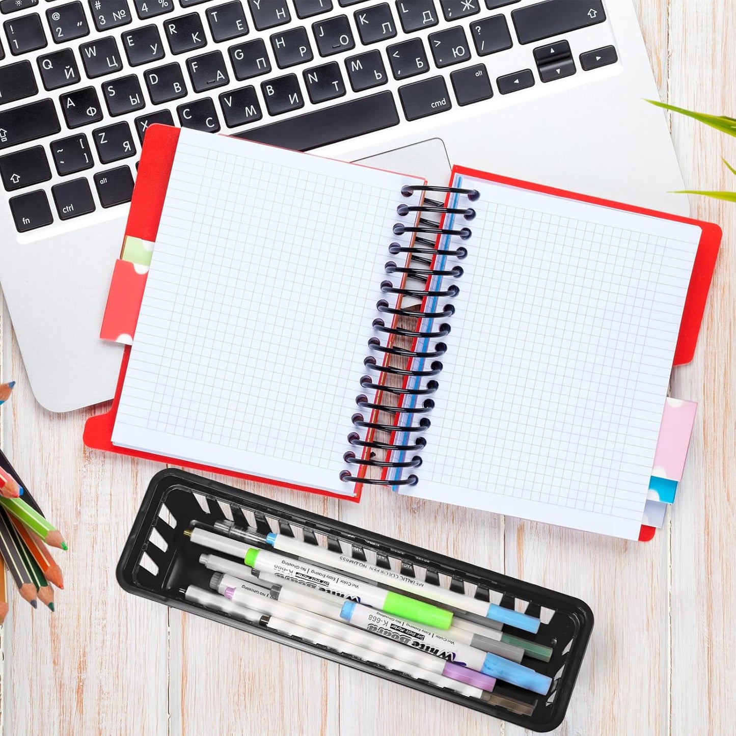 6 Pcs Black Slim Plastic Storage Baskets Tray 10 x 3 x 2.5 Inch Compact Stackable Desk Organizer for Office, Classroom, School Supplies, and Home Storage, Organization(Black)