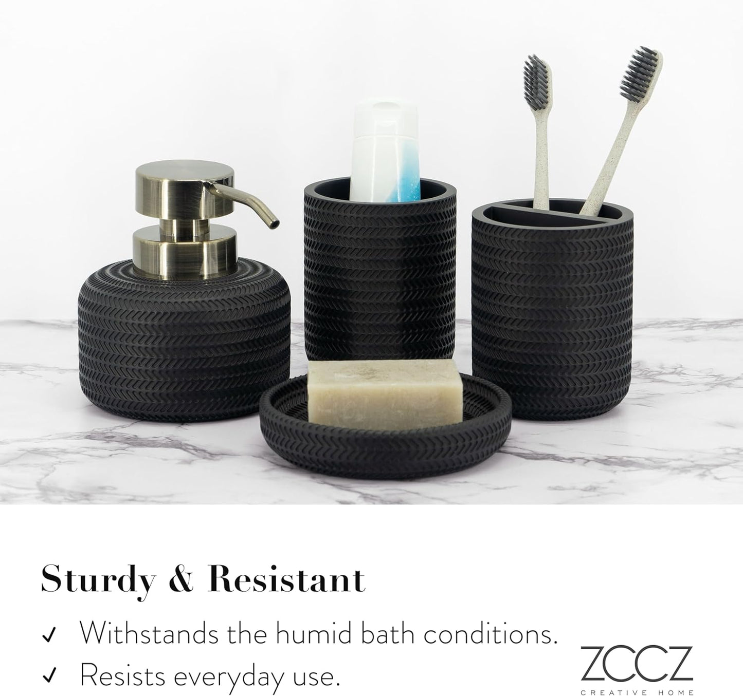 ZCCZ Black Bathroom Accessories Set 4 Pcs - Toothbrush Holder, Soap Dispenser, Vanity Tray, Tumbler - Countertop Organizer for Bathroom - Modern Accessory Set for Home Decor and Storage