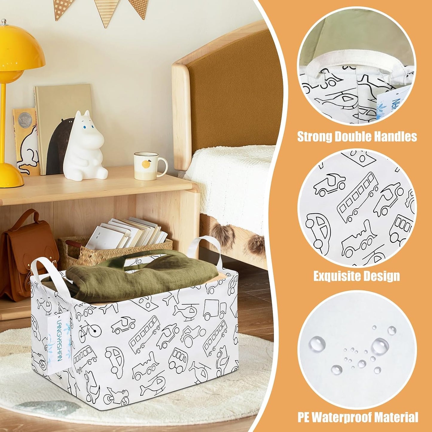 LANGYASHAN Rectangular Storage Bin Collapse Canvas Fabric Cartoon Storage Basket with Handles for Organizing Home Kitchen Boys and Girls Toys Office Closet Shelf Baskets (Rec Vehicle)
