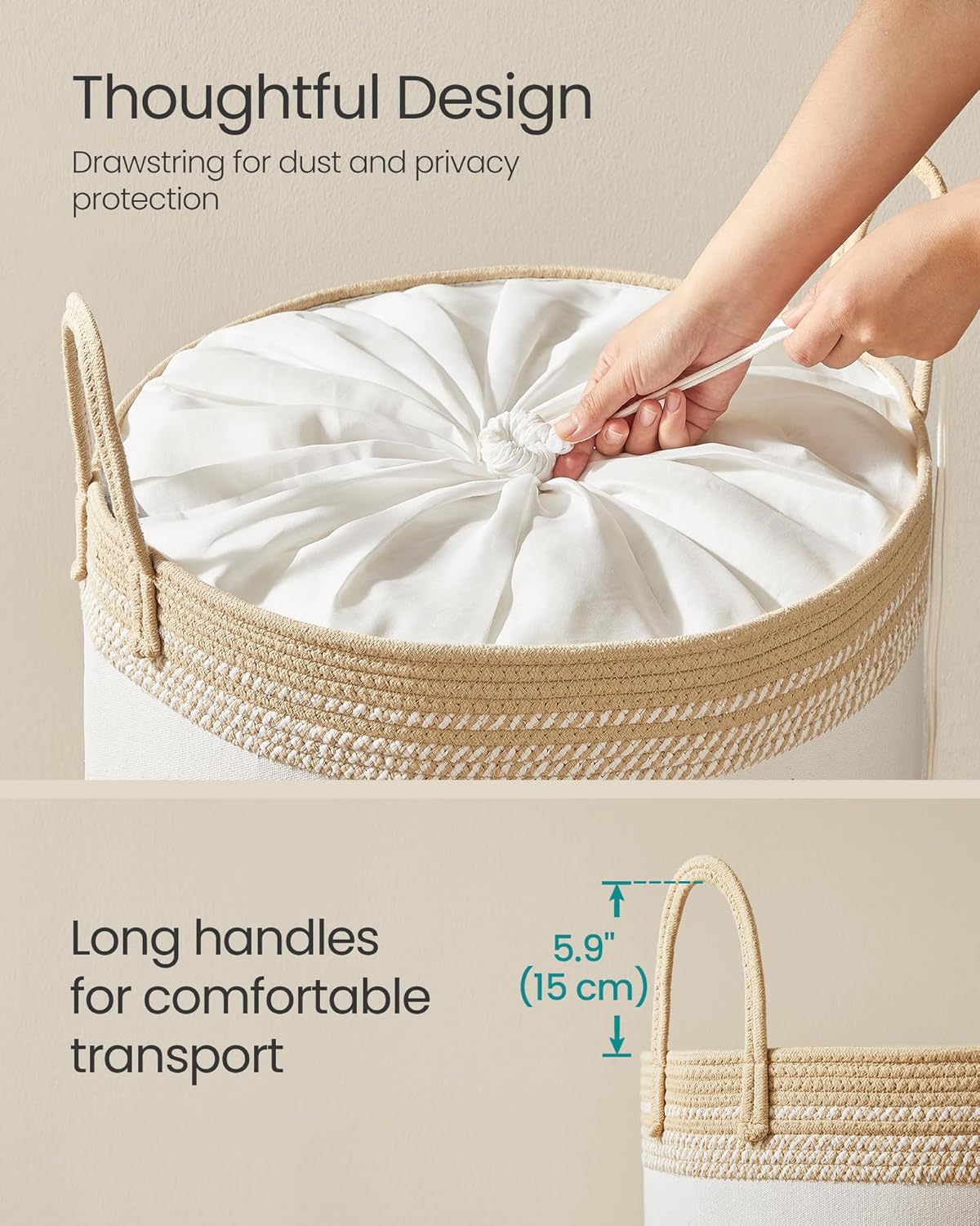 SONGMICS Laundry Hamper 90L, Laundry Basket with Handles, Laundry Bag with Lid, Cotton Rope, Drawstring, for Clothes, Blankets, Living Room, Bedroom, Tan URLH090K01