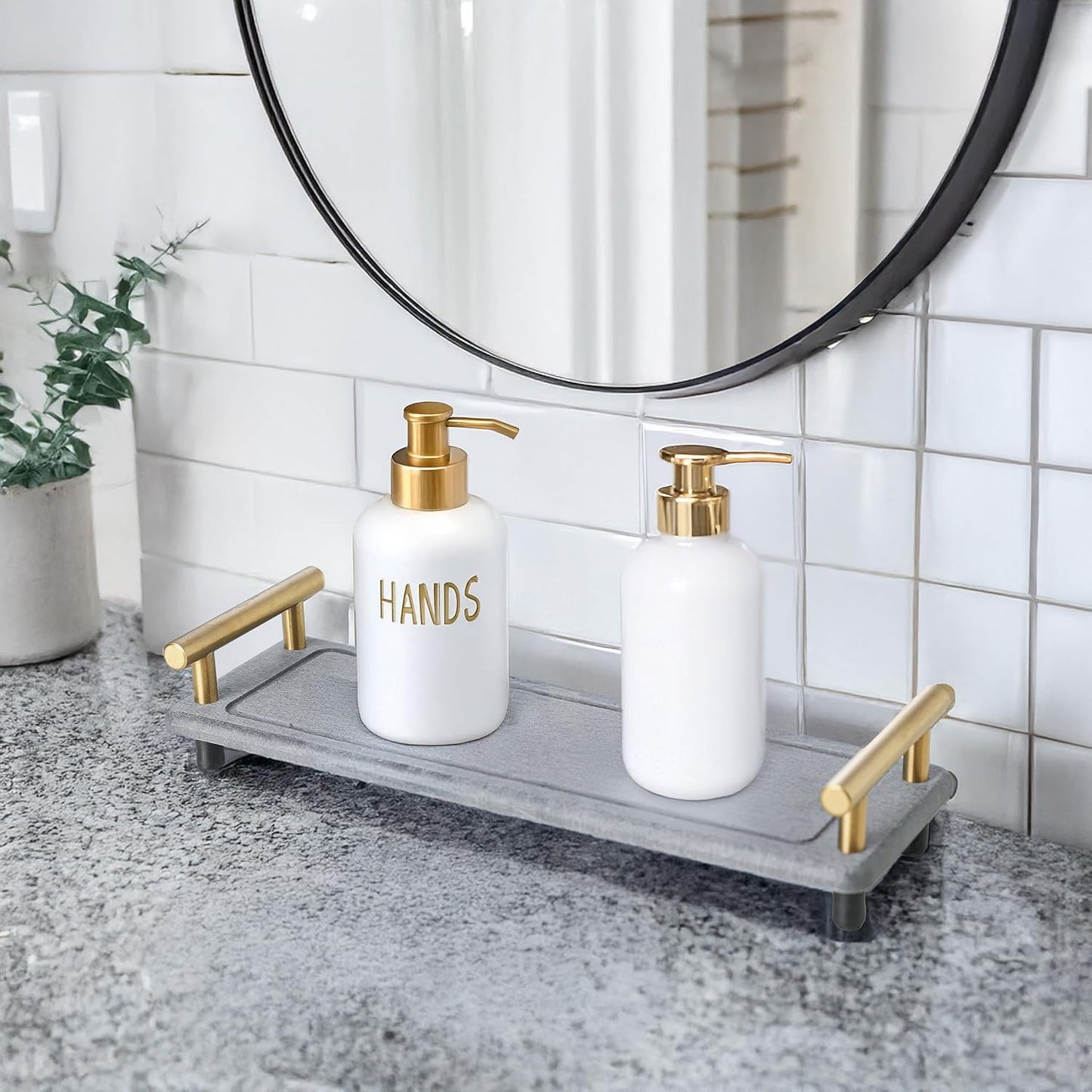 2Pcs Instant Dry Sink Caddy, Water Absorbent Diatomite Tray for Sink, Stone Drying Tray with Metal Handle, Keeping Kitchen and Bathroom Tidy and Clean (Dark Grey & Gold Handle, Large & Small)