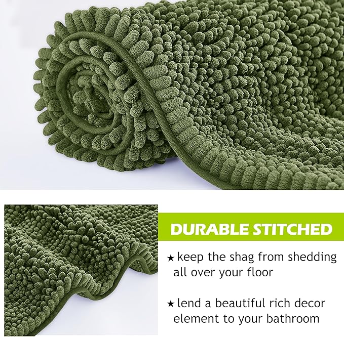 KGORGE Bath Mat for Bathroom Soft Non-Slip Rugs 60" x 24" Cozy Shaggy Durable Thick Chenille Rugs Water Absorbent Quick Drying Shower Carpet for Toilet, Sage Green, 1 Pc