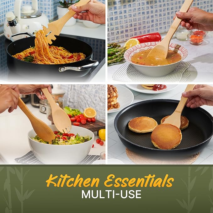 Bamboo Utensils 7 PCs with Holder – Bamboo Cooking Utensils Set + Holder for Nonstick – Wooden Spoon Sets for Cooking – Easy to Clean, Sturdy, Lightweight & Heat Resistant