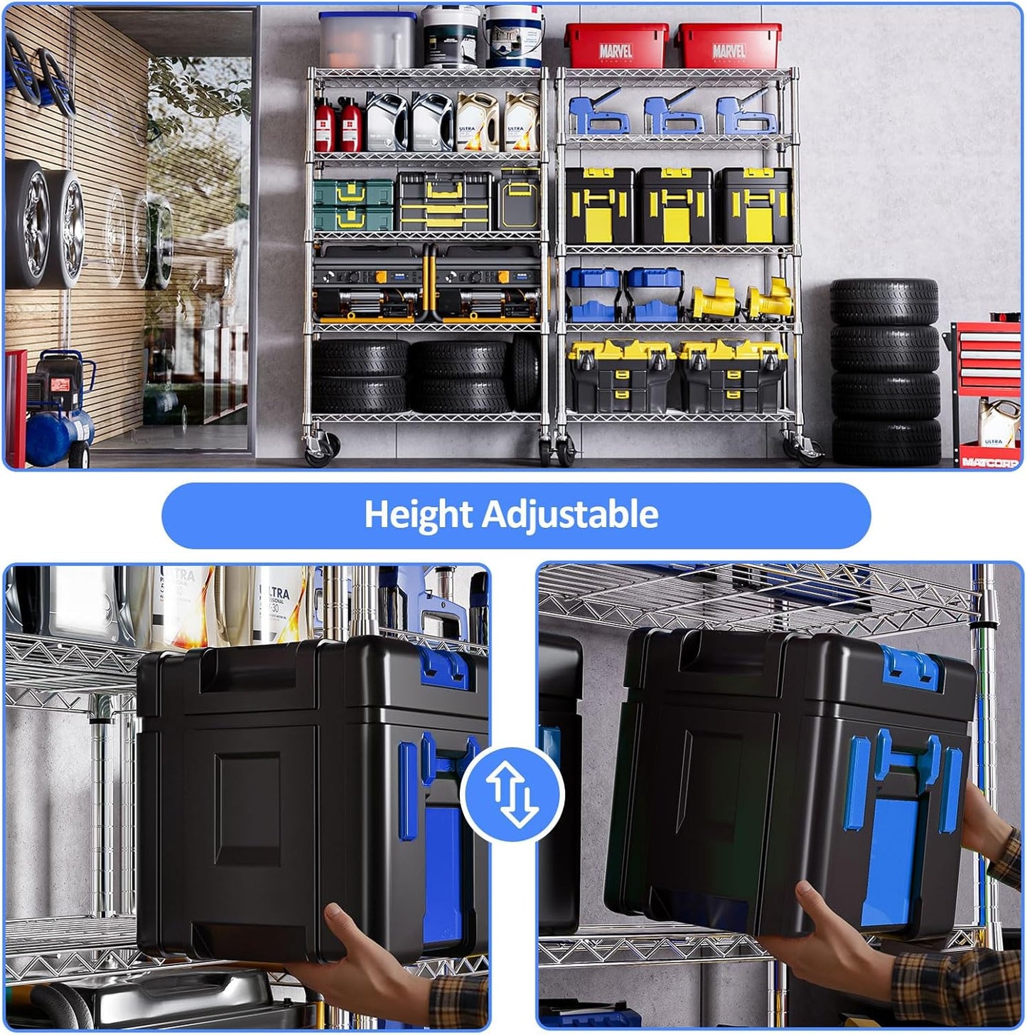 IZEUK 5-Tier Storage Shelving Unit with Wheels, Adjustable Heavy Duty Steel Wire Rack Organizer (Chrome, 17.7" D x 47.2" W x 76.7" H, 1750 lbs Capacity) for Garage, Kitchen, Pantry, Laundry