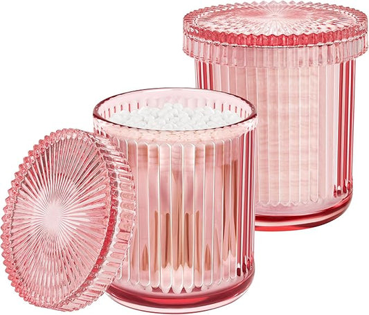 2 Pack Qtip Holders for Bathroom, Clear Glass Apothecary Jars with Lids,Vintage Bathroom Canisters for Cotton Balls,Swabs,Floss Picks,Hair Ties,Vanity Organizer and Storage Decor (Pink)