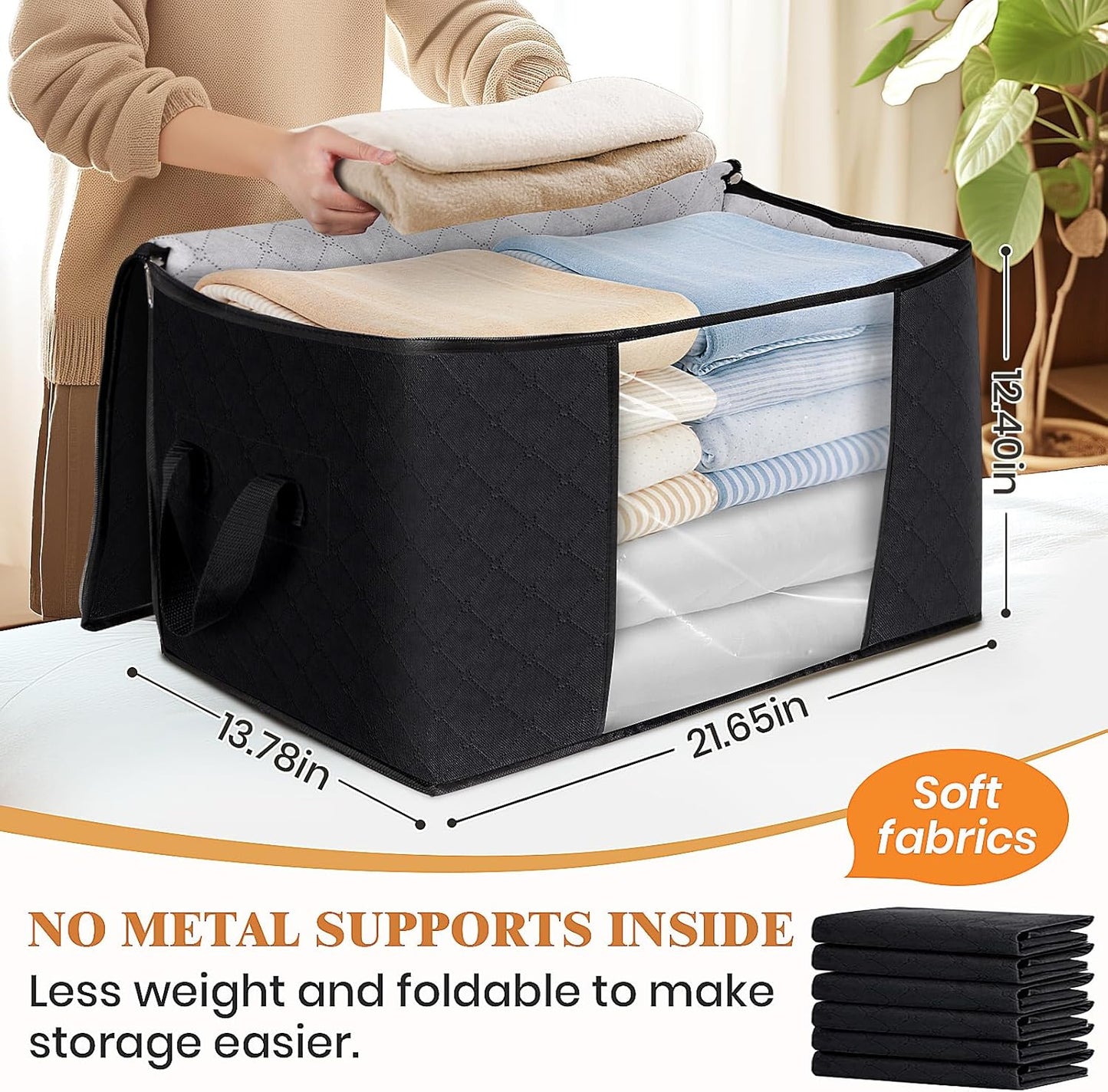 Fab totes Storage Bags,Clothes Blanket Storage Bins Foldable Closet Organizers with Reinforced Handle for Home Dorm Storage and Organization,Fabric Bags for Organizing Sheets,Clothing (Black,3 Pack)