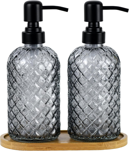 12Oz Glass Soap Dispenser with 304 Black Rustproof Stainless-Steel Pump, Refillable Glass Soap Dispenser for Kitchen, Bathroom, Farmhouse (Grey-2pack& Tray)