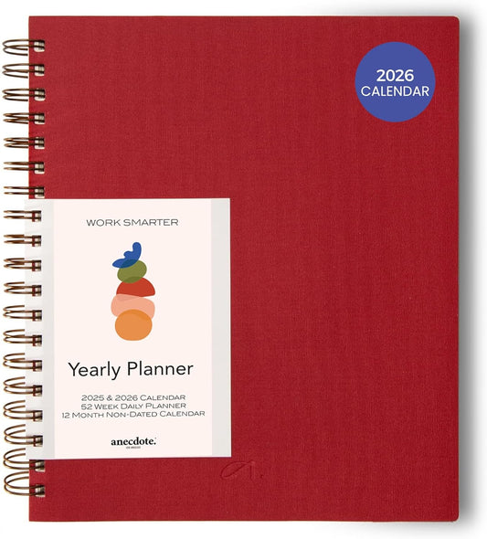 Anecdote 2026 Planner (8.5" x 10") Daily Planner Weekly Monthly Planner - 52 Weeks w/Library Buckram Cover, Brass Spiral - A4 Size Bleed-Resistant Paper – Red