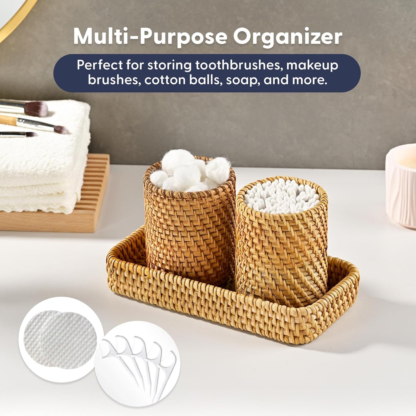 MaisoNovo Rattan Bathroom Set - Black Countertop Dispenser, Toothbrush Holder & Toothpaste Cup with Tray - Set of 3 - Rattan Bathroom Vanity Trays Rectangle for Storage