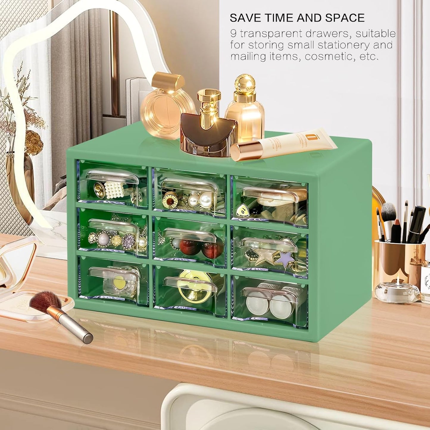 Desk Storage Organizer with 9 Drawers, FODIENS Stackable Desktop Craft Drawer Cabinet, Clear Storage Box Caddy for Makeup Jewelry Office Craft Supplies (9.84×6.3×5.9in) (Green)