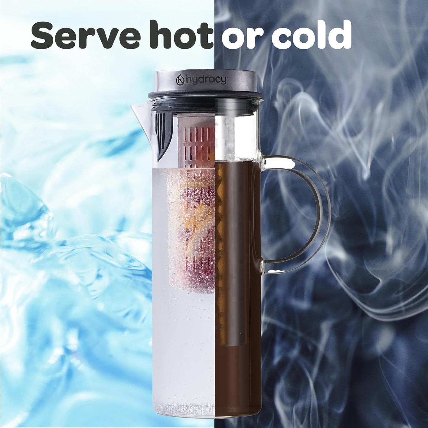 Cold Brew Coffee Maker - Large Glass Infusion Pitcher 1.6 Quarts 52oz - Iced Coffee & Iced Tea Pitcher with Stainless Steel Lid & Fruit Infusion Tube - Perfect for Home or Office