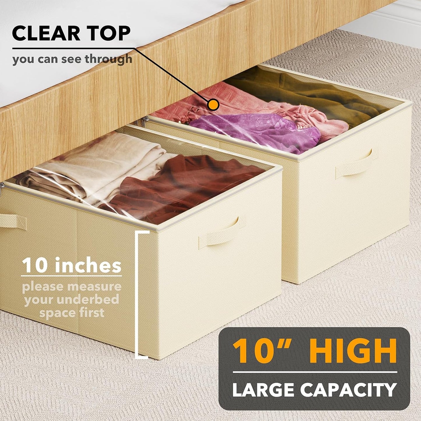 SpaceAid 2 Pack 10" High Under Bed Storage Containers, Large Underbed Storage Organizer Bins with Lids for Bedroom, Dorm, Clothes, Closet Organization, Bed Sheets and Blankets (Beige)