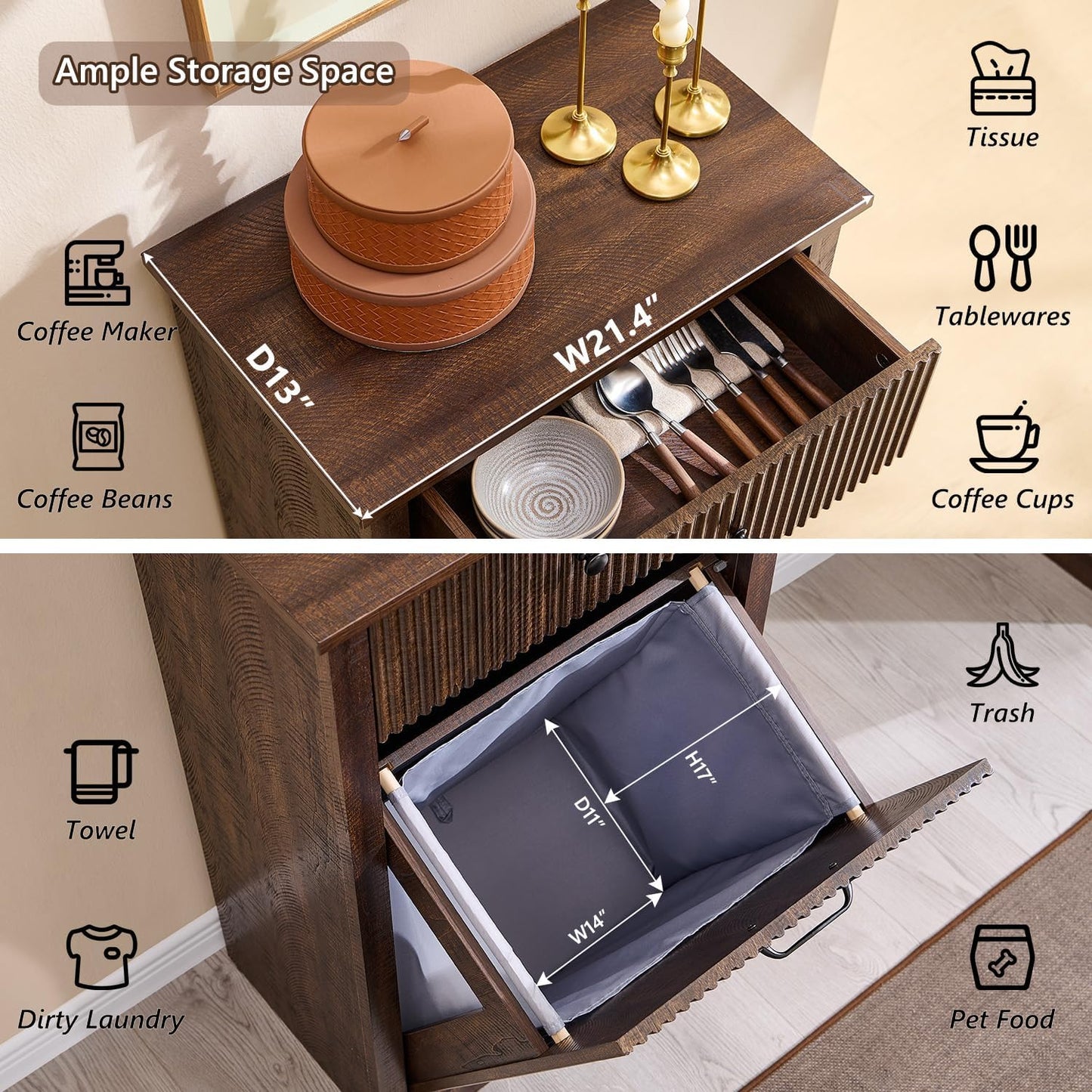 Modern Tilt Out Laundry Hamper Cabinet, 10 Gallon Fluted Trash Can Cabinet with Drawer, Wooden Hidden Garbage Can Cabinets with Laundry Basket, Free Standing for Bathroom and Kitchen, Brown