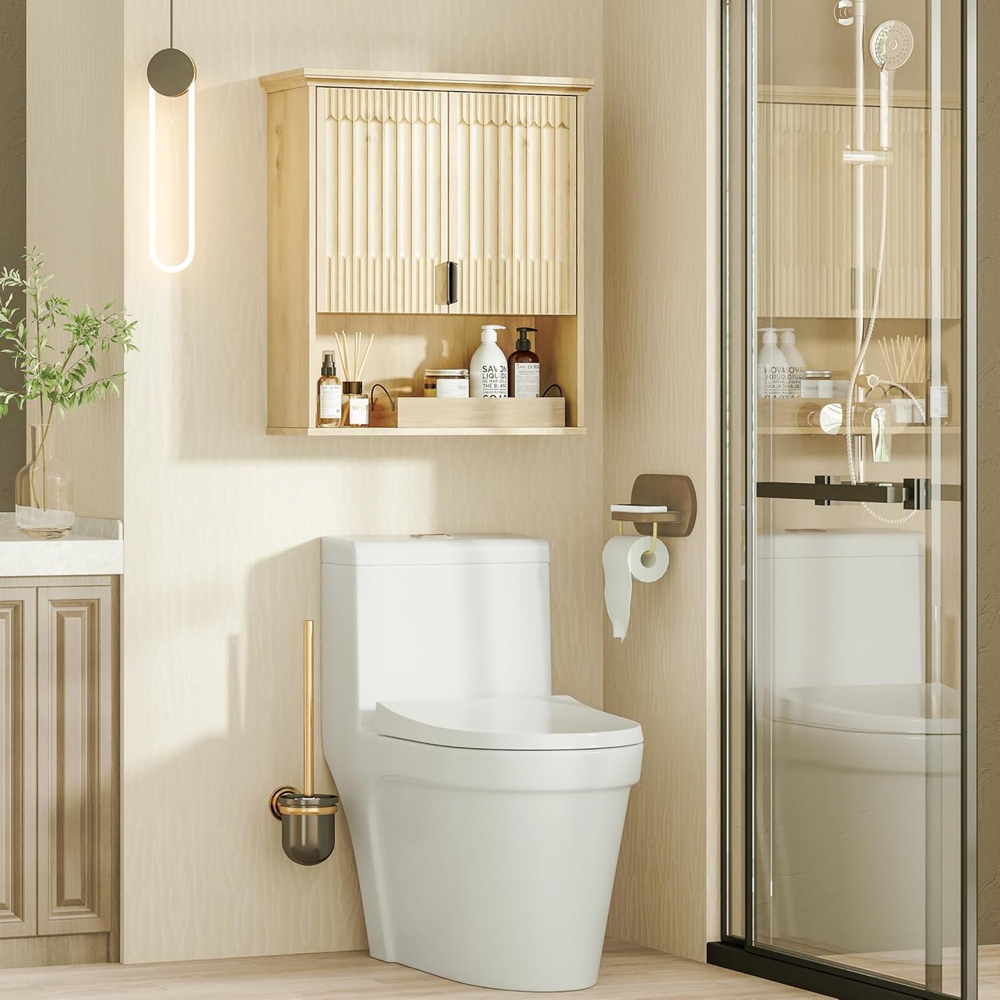 FLOWBACK Wall Mount Bathroom Cabinet, Wooden Medicine Cabinet Storage Organizer with Fluted Doors and Adjustable Shelf, Over The Toilet Space Saver Storage Cabinet