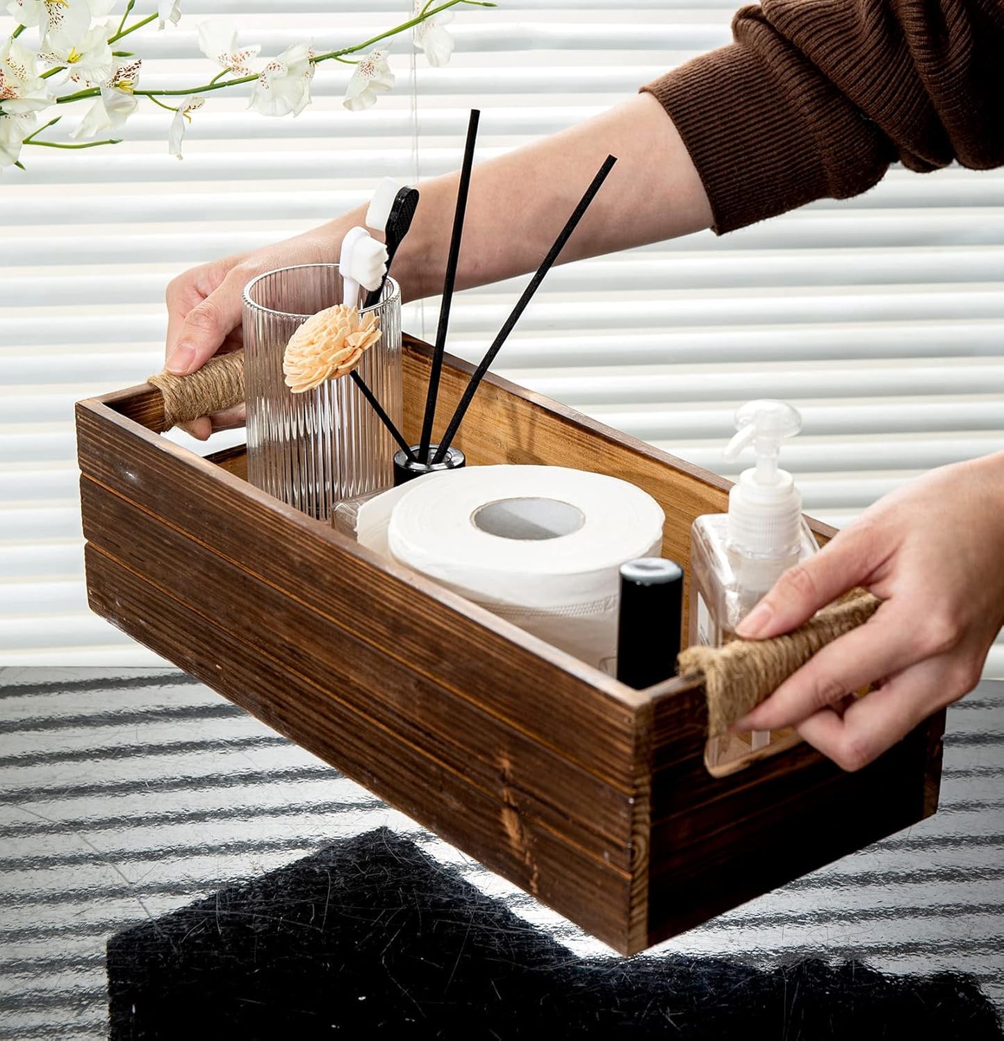 TIMRIS Rustic Wooden Toilet Paper Holder, Farmhouse Bathroom Decor, Tank Basket, Decorative Storage Container (Rustic Brown)