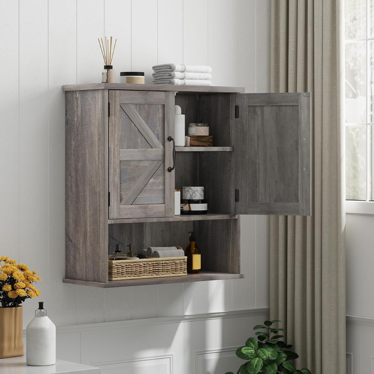 Smuxee Farmhouse Wall Mounted Cabinet, Washed Grey Small Medicine Cabinet with Adjustable Shelf, Suitable for Bathroom, Living Room, Laundry Room