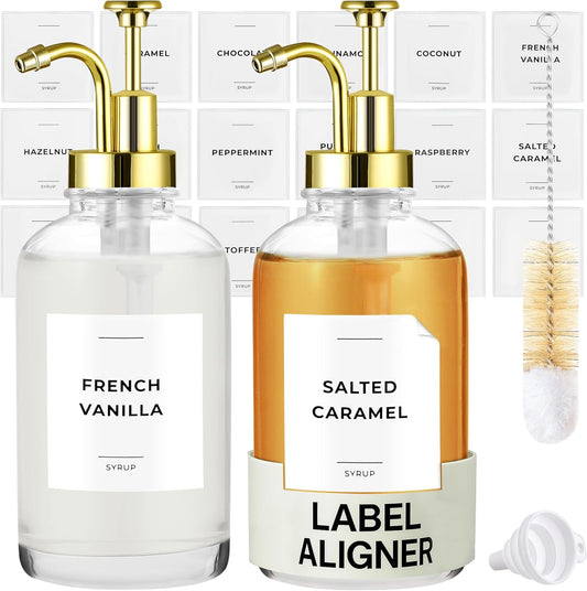 Coffee Syrup Dispenser with Pump - Includes 24 Flavor Labels - Glass Syrup Dispenser for Coffee Bar - Elevate your Beverage Station with 16.9 fl oz Flavoring Container Bottles, 2pcs, Gold