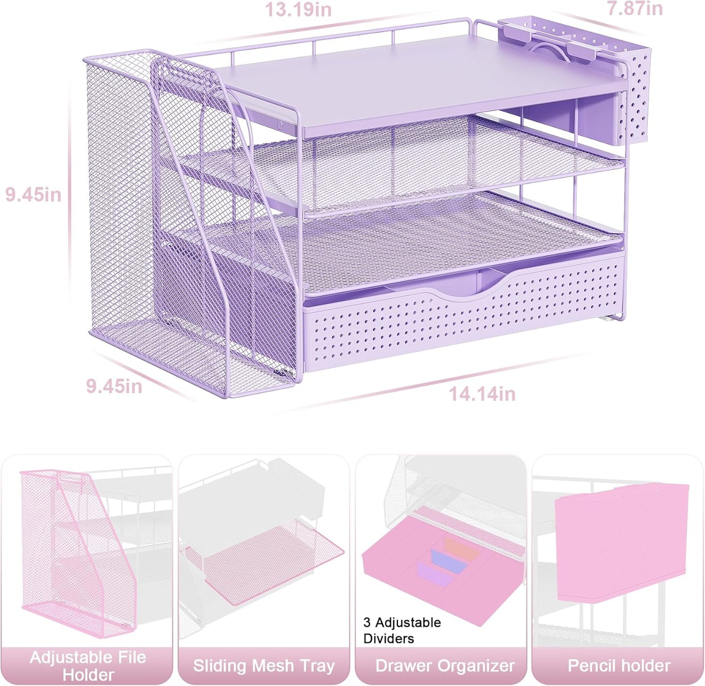 gianotter Wood Desk Organizers and Accessories with File Holder, 4-Tier Desk Accessories & Workspace Organizers with Drawer and Pen Holder, Paper Organizer for Office Supplies (Purple)