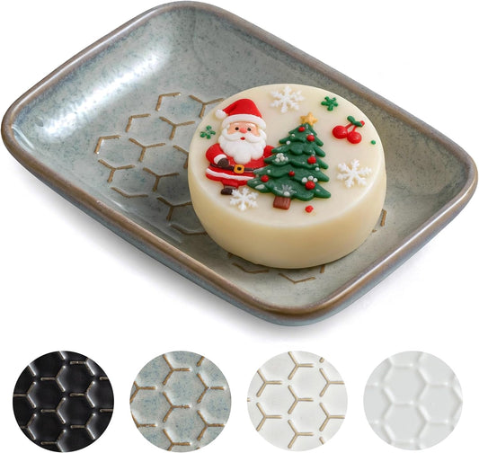 Gomakren Soap Dish for Shower, Bar Soap Holder, Ceramic Soap Dishes for Bar Soap, Sponge Holder Soap Saver Soap Tray for Bathroom Kitchen Sink, 5.5 Inch, Gray