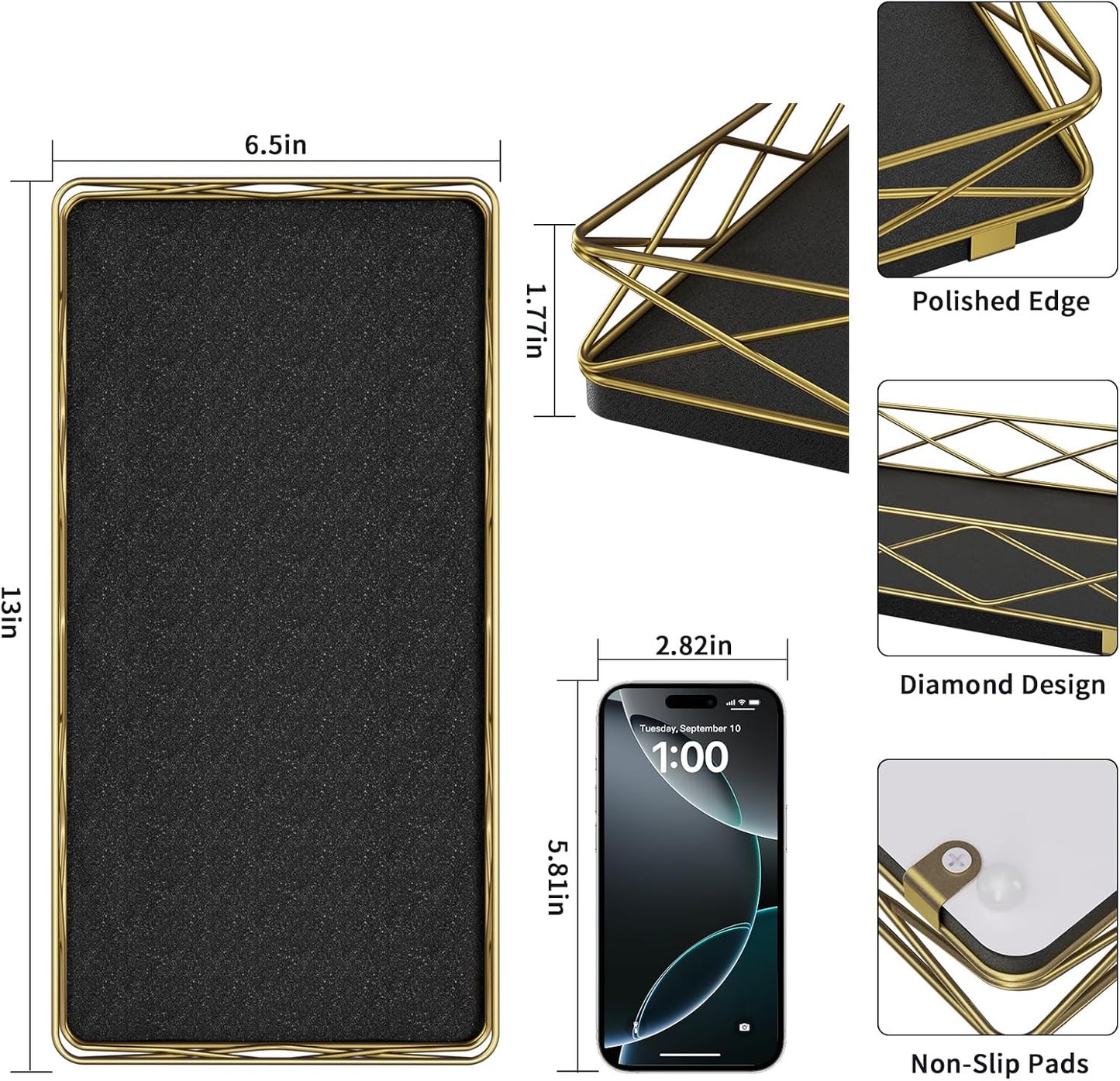 Toilet Paper Basket Holder, 13" Bathroom Tray Countertop, Wood and Metal Toilet Tank Tray Bathroom Vanity Organizer for Toiletry, Kitchen Sink Organizer for Soap Dispenser (Black + Gold)