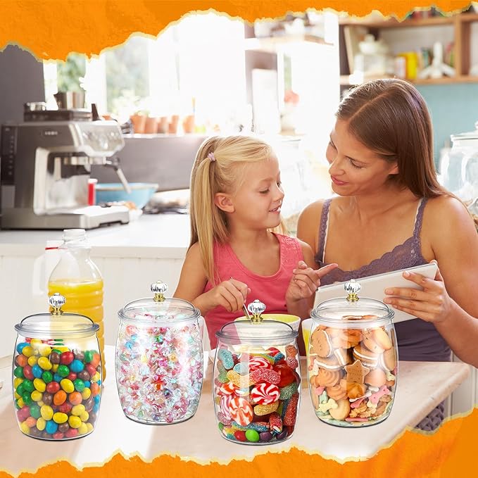 Nuogo 4 Pcs Plastic Candy and Cookie Jars with Lids Clear Cookie Container Candy Jars Large Airtight Apothecary Storage Organization for Wedding Home Kitchen Bar(42 oz)