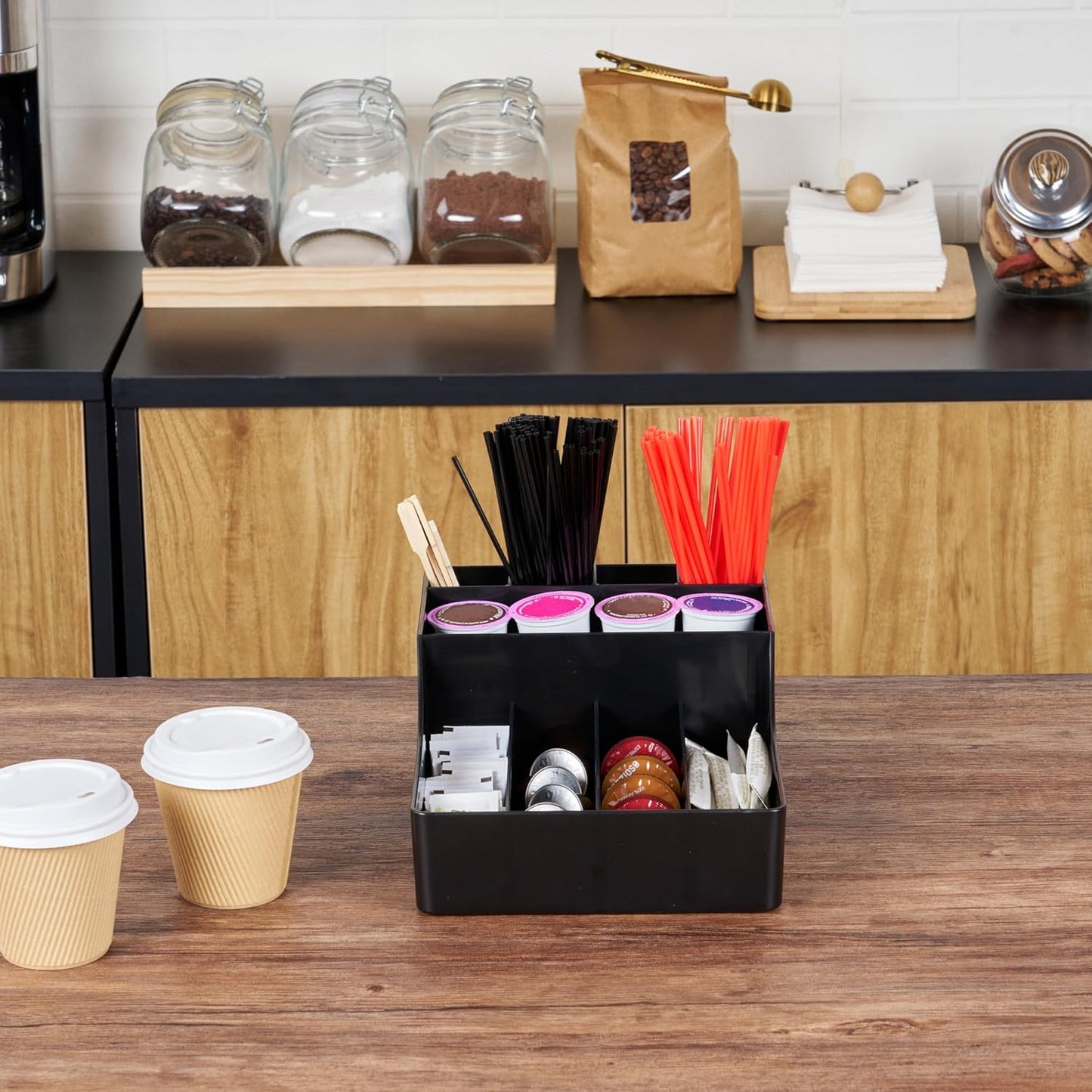 Restaurantware Restpresso Coffee Bar Organizer, 1 Count Durable 9 Compartments, Compact Size, Black Plastic Tabletop Coffee Supplies Organizer For Homes, Office Spaces, Breakrooms, and Lounges