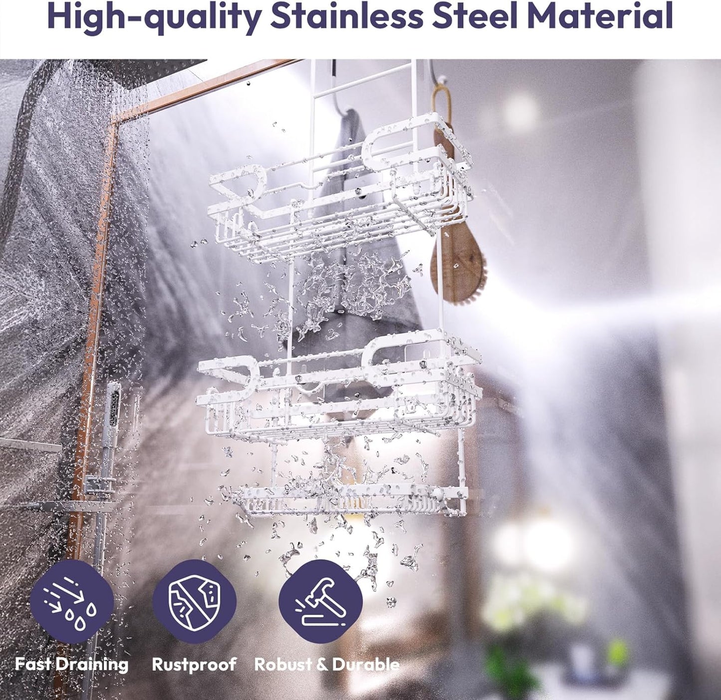 SWTYMIKI Over The Door Shower Caddy With Double Soap Holder, Hanging Shower Caddy With 16 Hooks, No Drilling Hanging Shower Organizer Over Door To Organize Bathroom Essentials, White