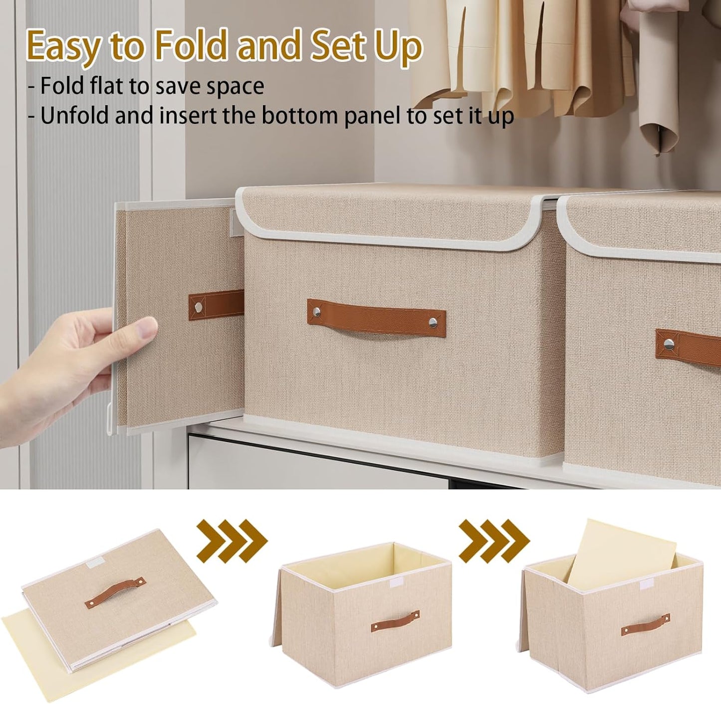 Yawinhe Collapsible Storage Boxes, Linen Fabric Baskets, Bin with lid and Leather Handle, Washable, for Home, Closet, Beige, 15.0''Lx9.8''Wx9.8''H, 1-Pack, USNK024BEL-1