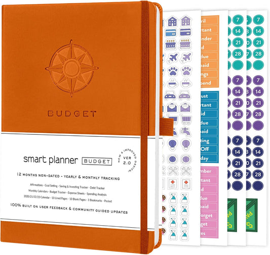 Smart Planner Budget Book – A5 Size 8.6 x 5.7 inches – Undated Budget Planner Organizer with Calendars, Debt Tracker, Expense Sheets, Savings Trackers and More – Inner Pocket for Receipts (Orange)