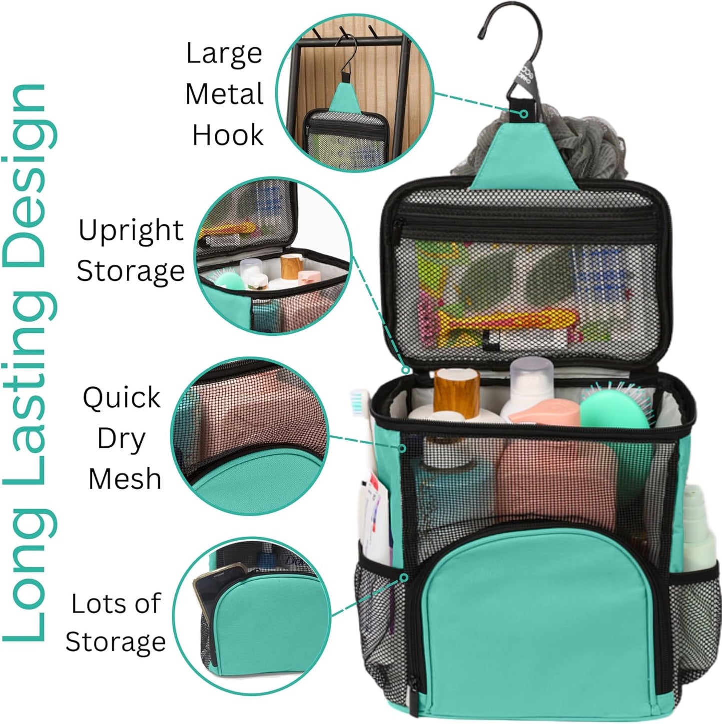 Original Shower Caddy For College Dorms- Travel Shower Caddy - Dorm Organizer Bag - Large Capacity, Quick Dry and Water Resistant with Metal Hook - Portable and Foldable Bag for Gym and Travel (Aqua)