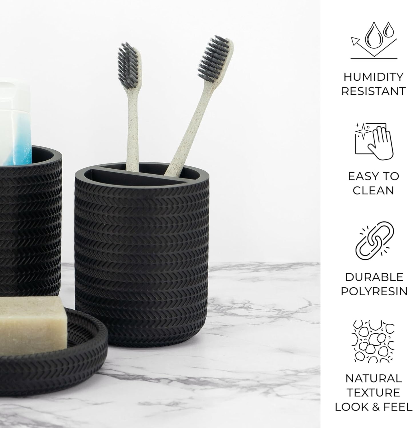 ZCCZ Black Bathroom Accessories Set 4 Pcs - Toothbrush Holder, Soap Dispenser, Vanity Tray, Tumbler - Countertop Organizer for Bathroom - Modern Accessory Set for Home Decor and Storage