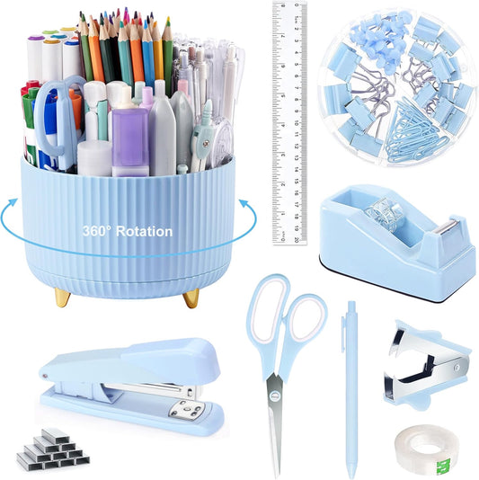 Blue Desk Accessories, Blue Office Supplies 360°Pen Holder Desk Organizers and Accessories with Tape Dispenser, Stapler, Staple Remover, 1000 Staples, Tape, Clips Set, Ruler, Scissor, Pen