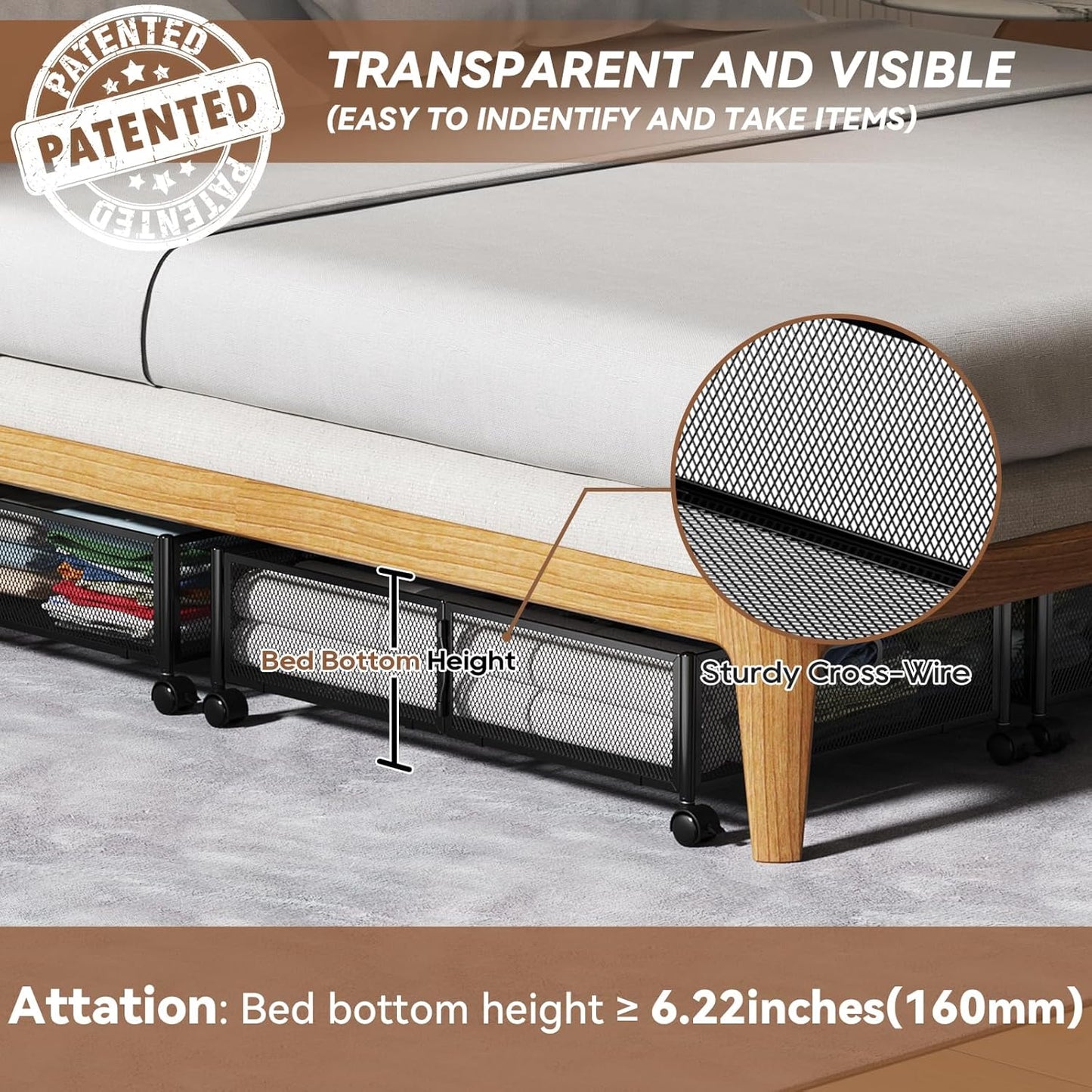 PHINOX Under Bed Storage with wheels, Under the Bed Storage Containers,Upgrade Crossed Iron Wire, Metal Rolling Underbed Storage Containers for Bedroom Clothes Shoes Blankets-2 Pack,Black