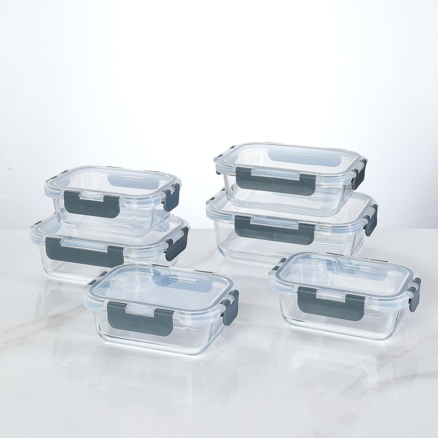 [6-piece set] Glass food preparation and storage containers with lids that provide a good seal. Glass lunch boxes that are microwave, oven, freezer, dishwasher safe. (Rectangle)